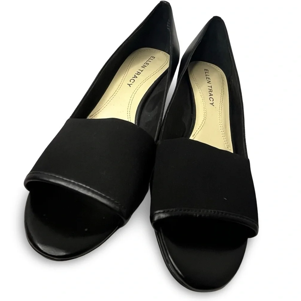 Ellen Tracy Black Wedge Open Toe Heels Size 8